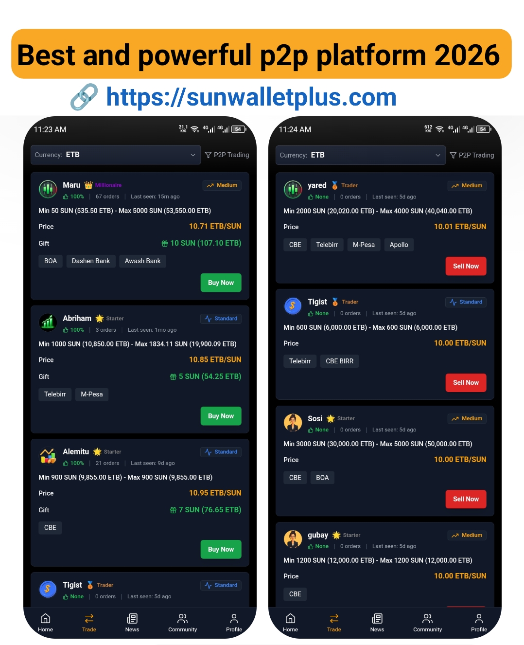Sun Wallet Plus P2P Trading Page